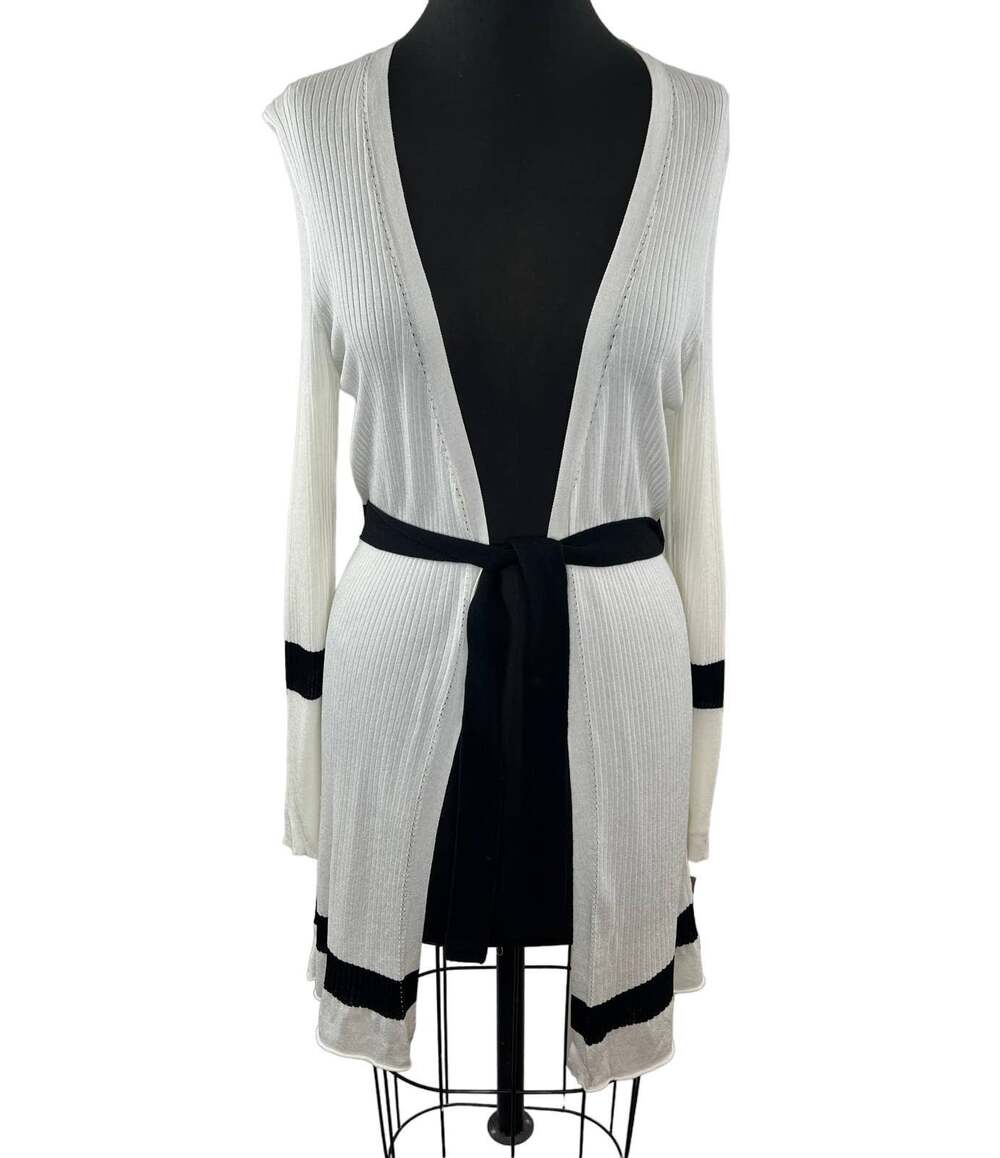 MaxMara White Black Trim Tie-Waist Ribbed Midi Duster Jacket Cardigan Sweater S